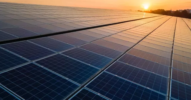 Blue photovoltaic solar panels mounted on building roof for producing clean ecological electricity at sunset. Production of renewable energy concept.