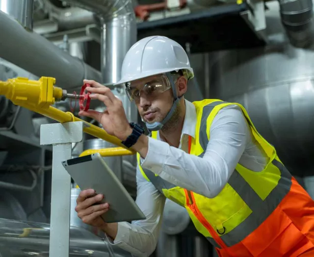Electrical engineer working in control room of a modern thermal power plant at large industry factory.